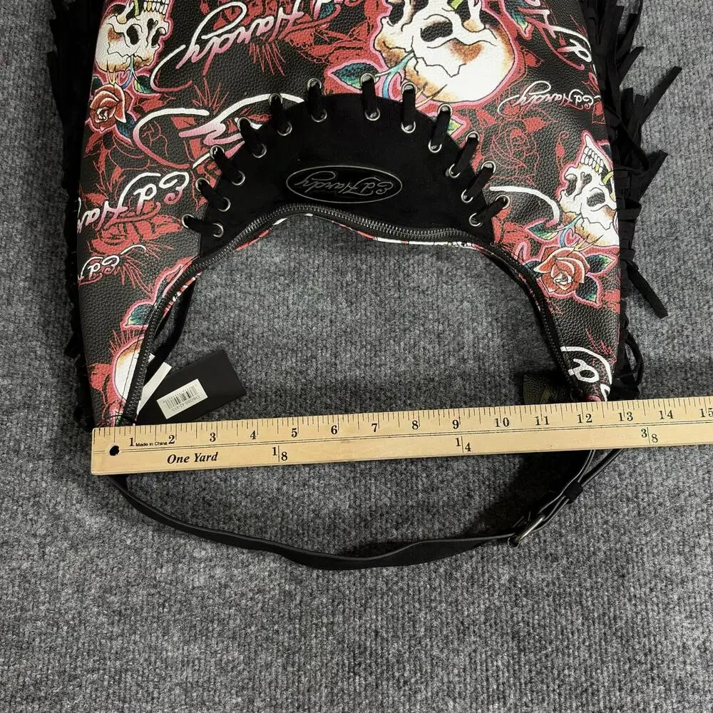 Ed Hardy Hobo Bag Womens Medium Black Red Skull Fringe Tattoo Rock Shoulder